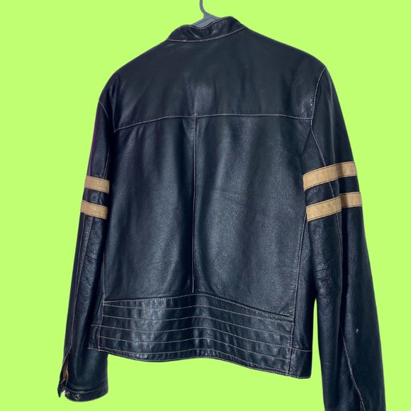 Vintage Black Leather Jacket w/ Tan Stripes 🖤🔥 - Picture 3 of 7